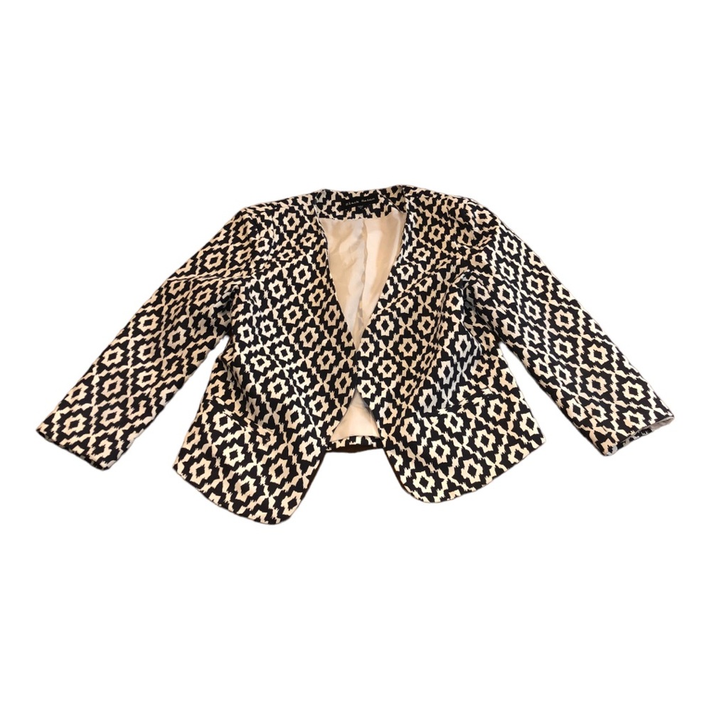 Black Rainn Cream & Black Abstract Pattern Collarless Open Blazer Jacket Medium